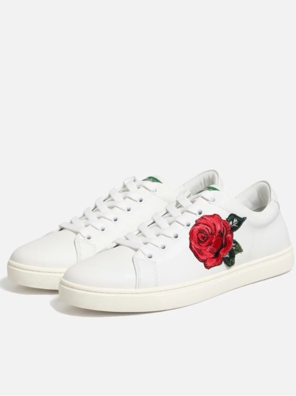 Dolce & Gabbana White Low top Leather Sneakers with Rose Embroidery